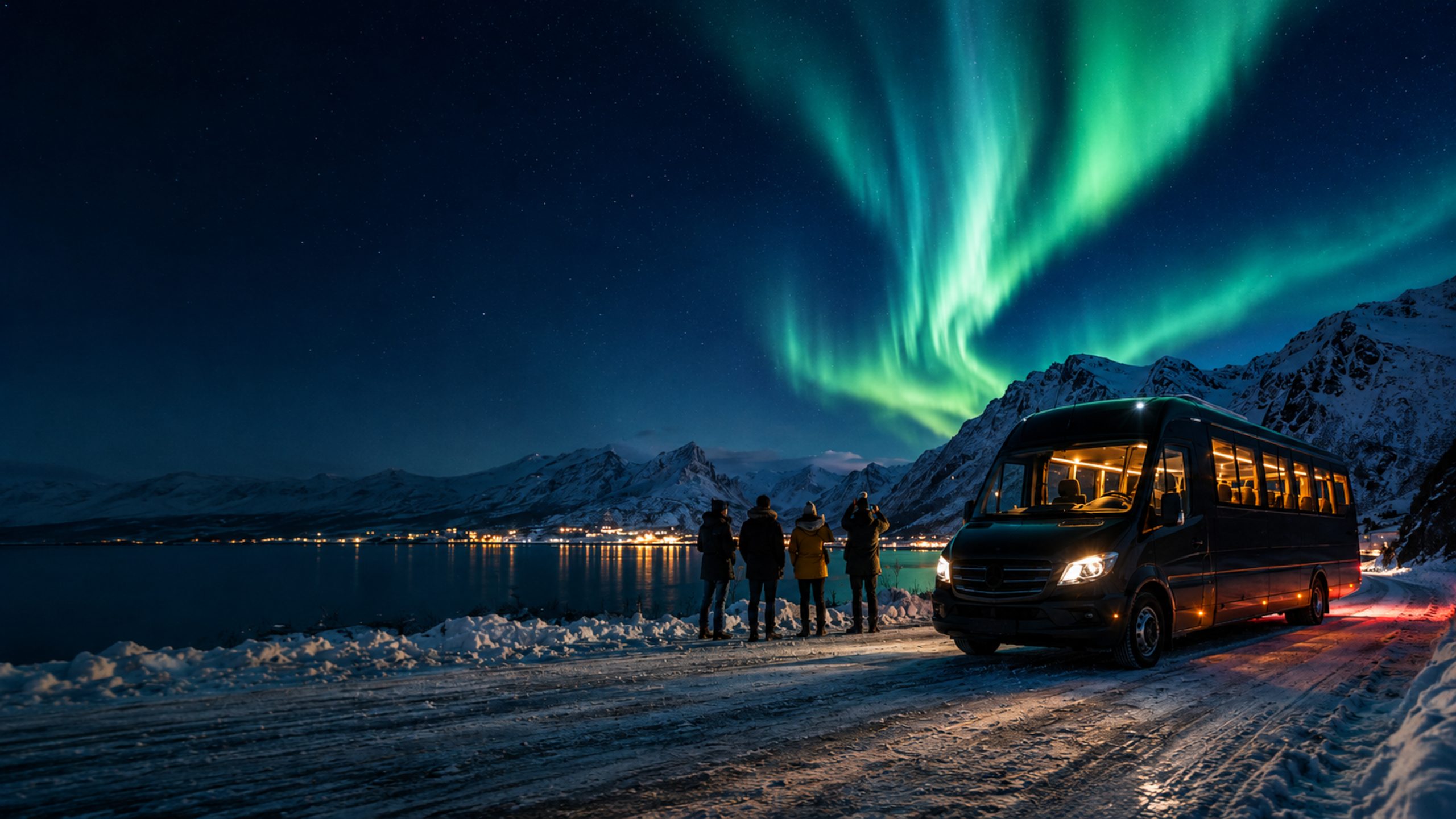 An Arctic Touring coach parked on a snowy coastal road outside Tromsø, passengers watching the aurora over the fjord.